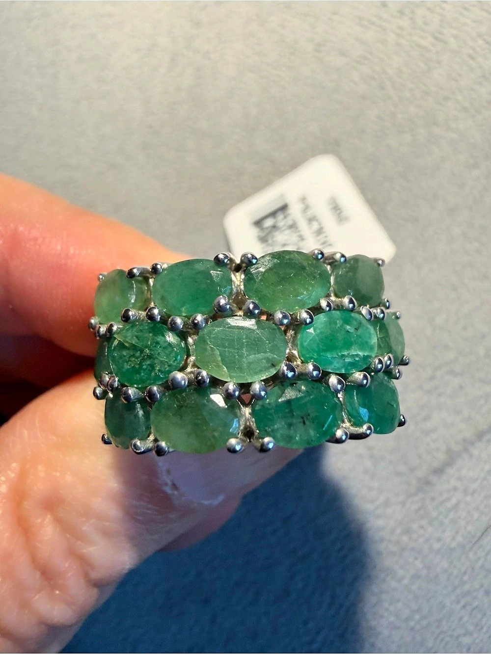 JTV Emerald with White Zircon Rhodium Over Sterling Silver Ring sz 6